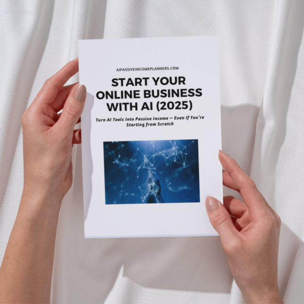 Hands holding a printed guide titled “Start Your Online Business with AI (2025)” focused on earning passive income with AI Tools