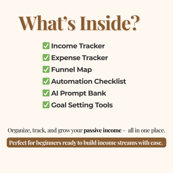 What’s inside the Passive Income Planner – income tracker, funnel map, automation checklist, and more.