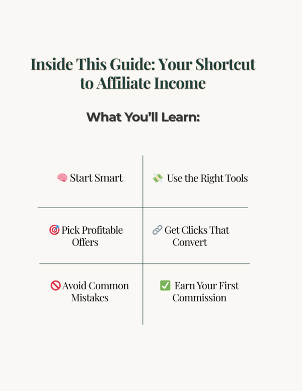 Preview of what’s included in the affiliate marketing for beginners guide, covering tools, tips, and first commissions.