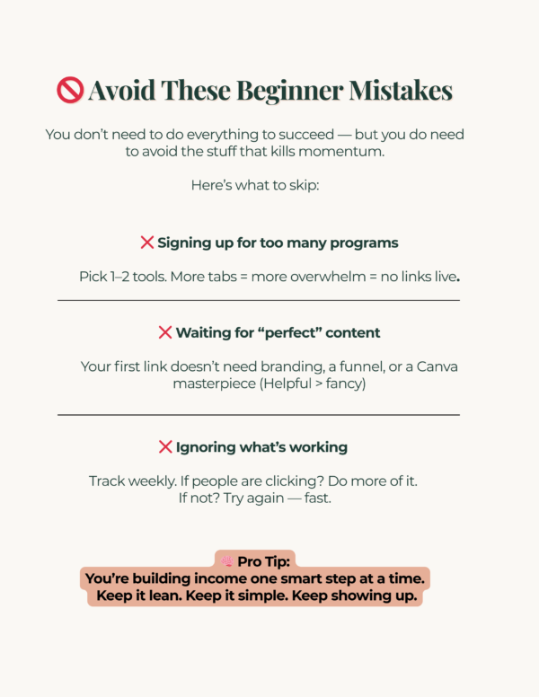 Avoid common affiliate marketing mistakes preview page from beginner-friendly PDF guide.