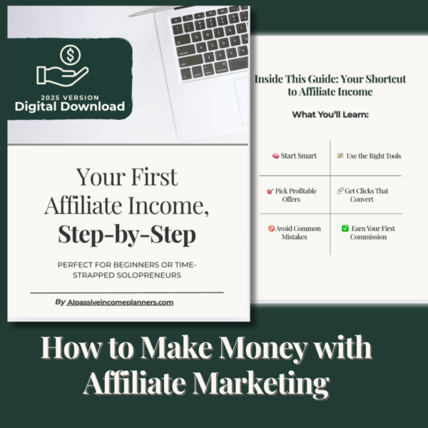 Cover image for ‘Your First Affiliate Income, Step-by-Step’ — a digital guide to help beginners earn money with affiliate marketing, featuring key takeaways and a modern laptop design