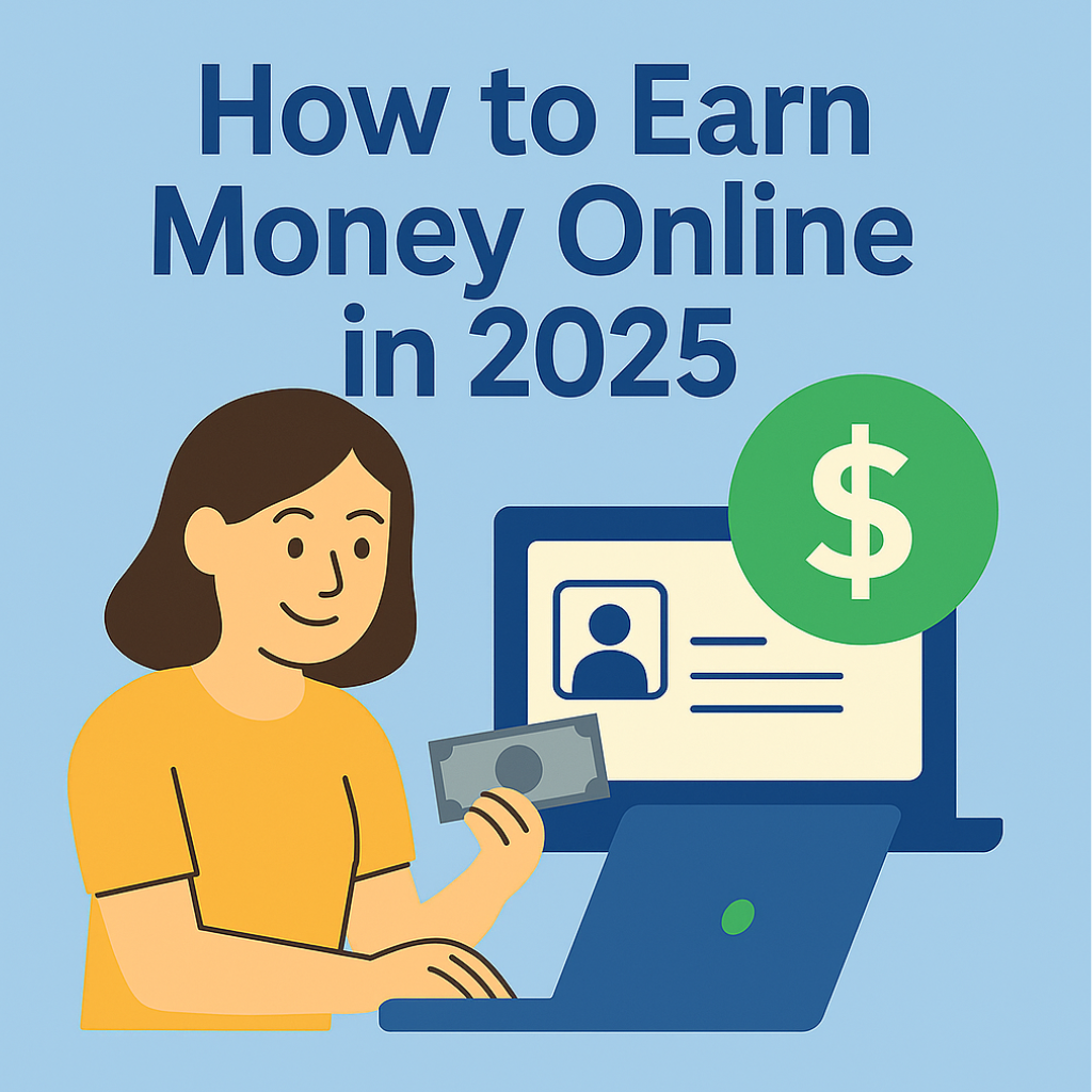 Illustration of woman using a laptop to earn cash online in 2025