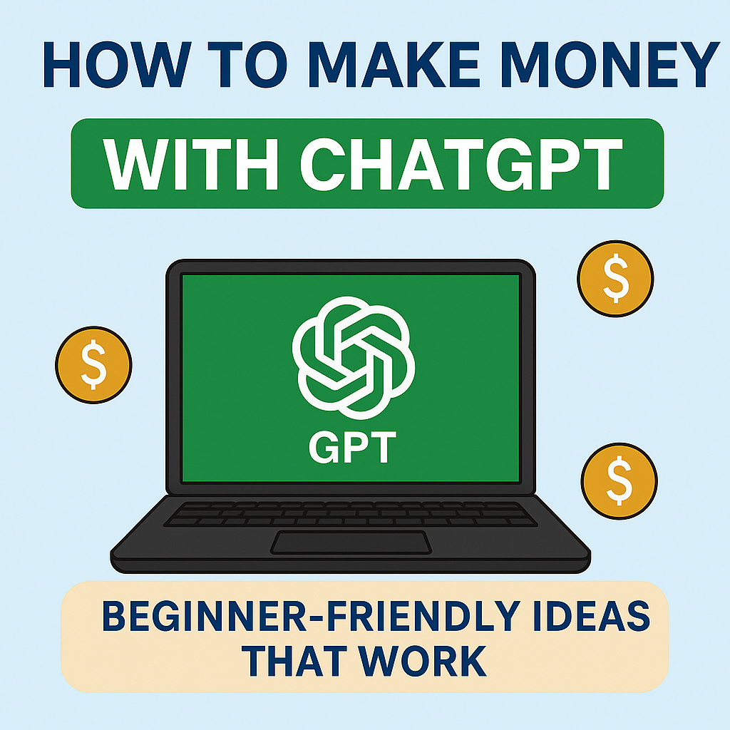 Cartoon-style illustration showing a person exploring ways to make money using ChatGPT, surrounded by dollar signs and a laptop.